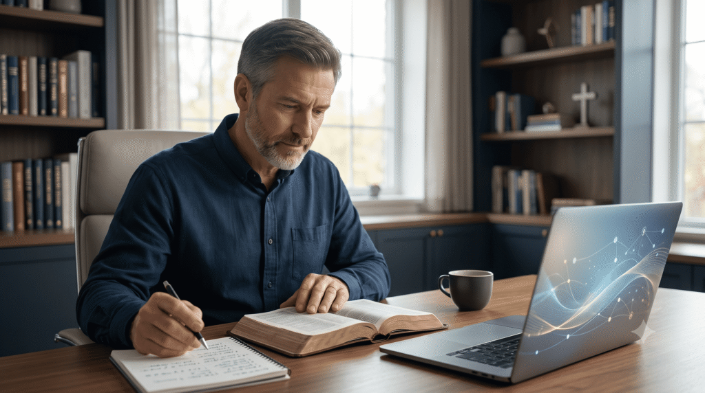 Pastor utilizando inteligência artificial no ministério pastoral com Bíblia aberta e computador