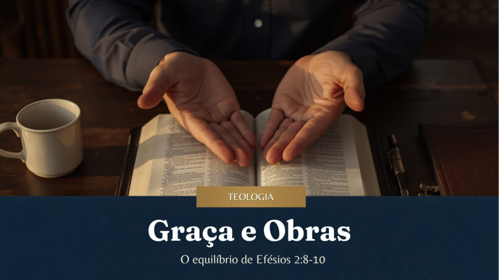 Mãos abertas com as palmas para cima sobre uma Bíblia aberta, simbolizando a graça recebida e as boas obras, tema de Efésios 2:8-10