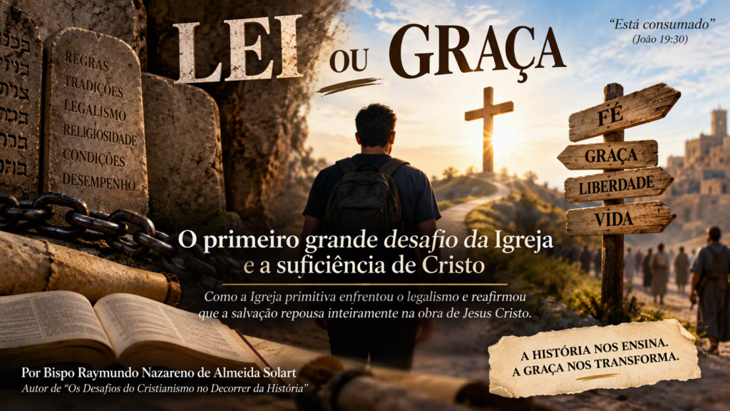 Ilustração conceitual sobre a transição da Lei para a Graça, com tábuas de pedra, correntes rompidas, Bíblia aberta e caminho iluminado conduzindo à cruz de Cristo