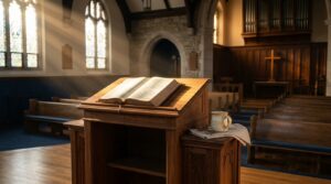 Púlpito de madeira em igreja silenciosa banhado pela luz matinal simbolizando o descanso e a restauração do líder cristão