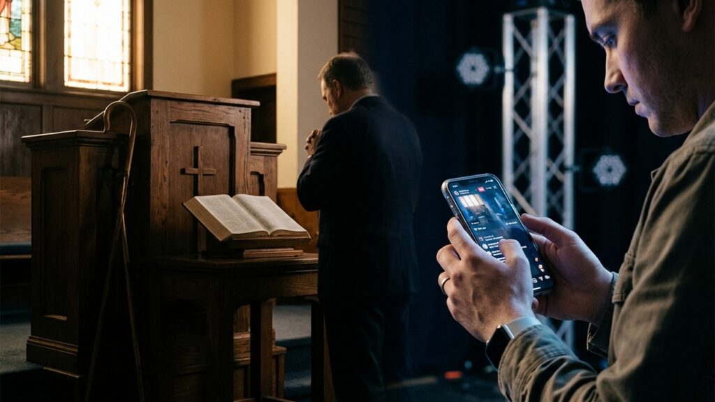 Pastor em oração reverente diante do púlpito da igreja com Bíblia aberta e cajado de madeira, em contraste com smartphone gravando live e iluminação de palco digital